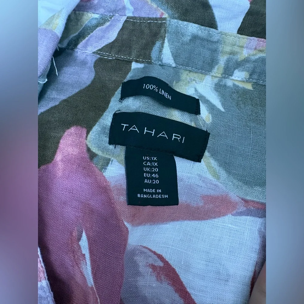 Tahari linen floral button down short sleeve top plus size 1X - Picture 8 of 9
